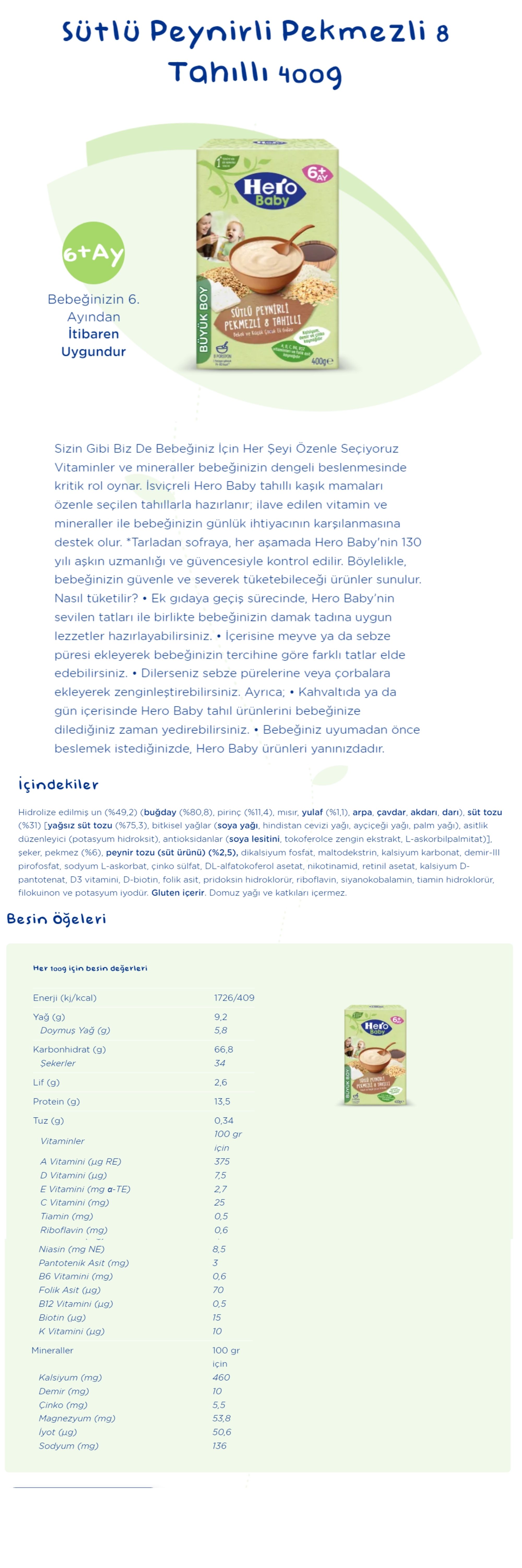 Hero Baby Kaşık Maması Sütlü 8 Tahıllı Peynirli Pekmezli 200 gr